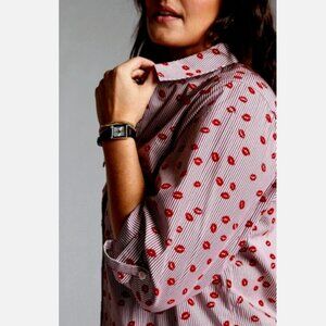 Anthropologie Maeve Kiss Lip Print Stripe Button Front Shirt Roll Tab Sleeve 18W